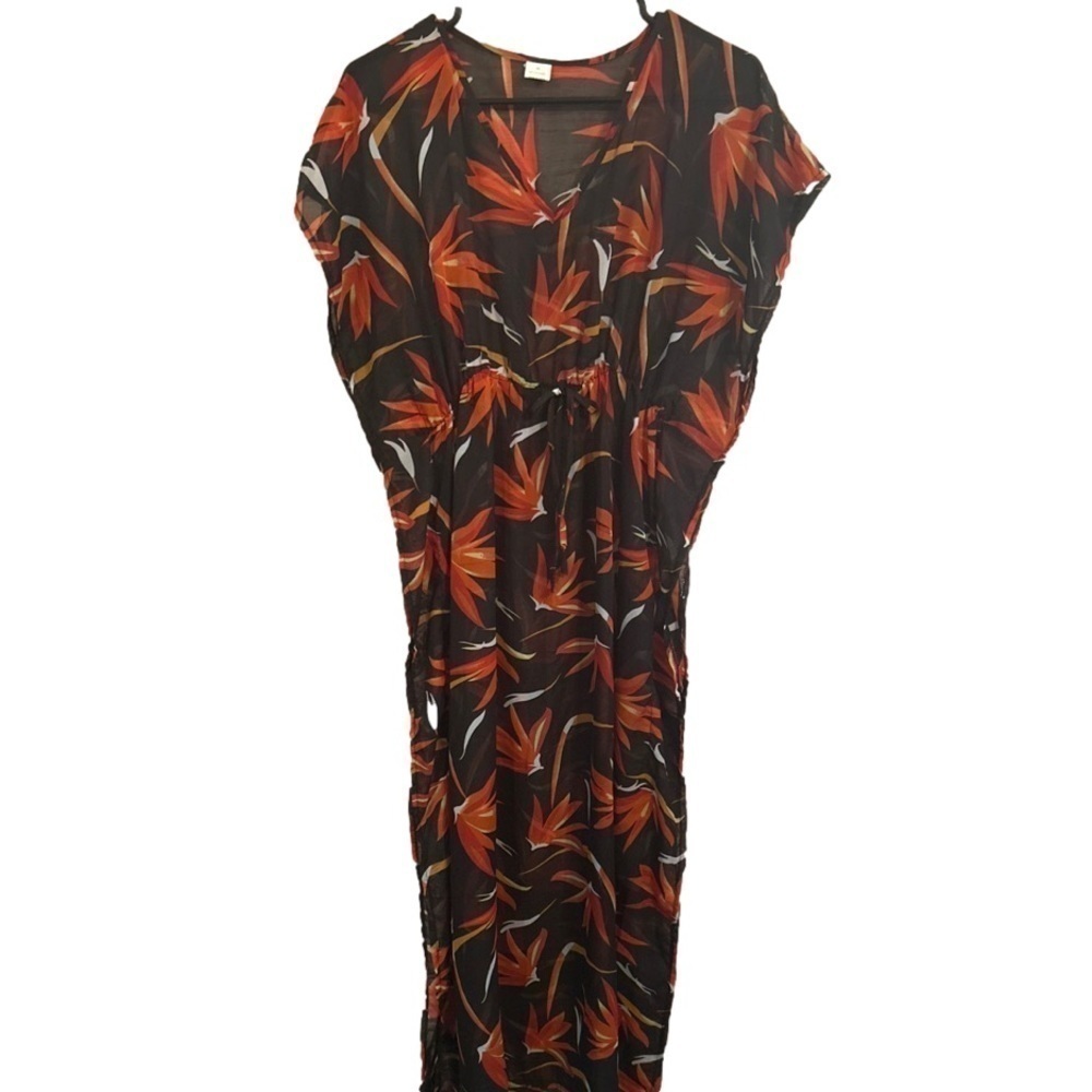 Long Swim Coverup Black Leaf pattern